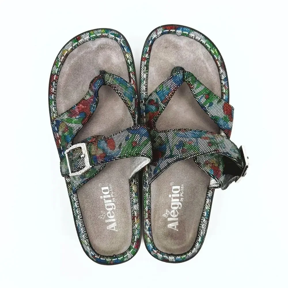 Alegria Womens Valentina Leather Sandal Size 38/US 8 Metallic Rainbow Comfort‎